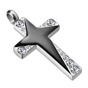 Stainless Steel Cross Pendant with Graduated Gems and Black Enamel